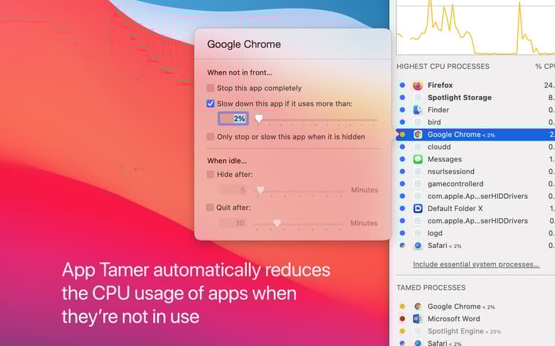 App Tamer automatically reduces the CPU usage of apps when they're not in use