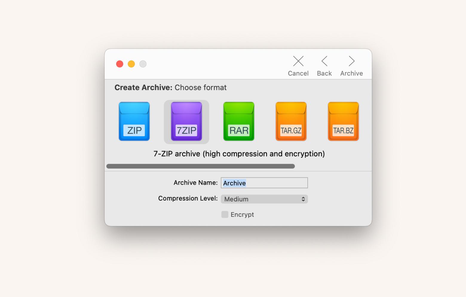 creating 7z file with Archiver