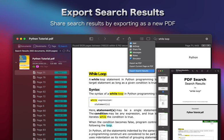 Export Search Results. Share search results by exporting as a new PDF