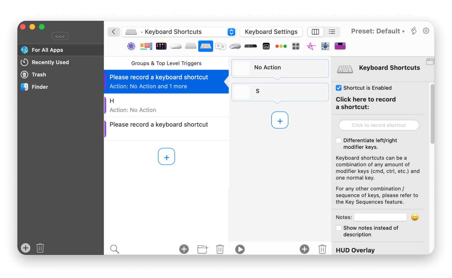 BetterTouchTool shortcut settings