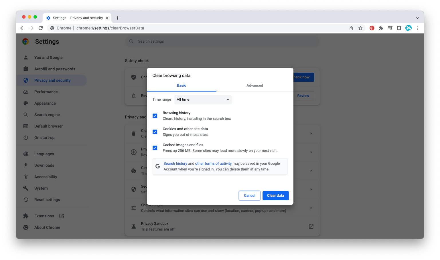 clear Chrome cache files