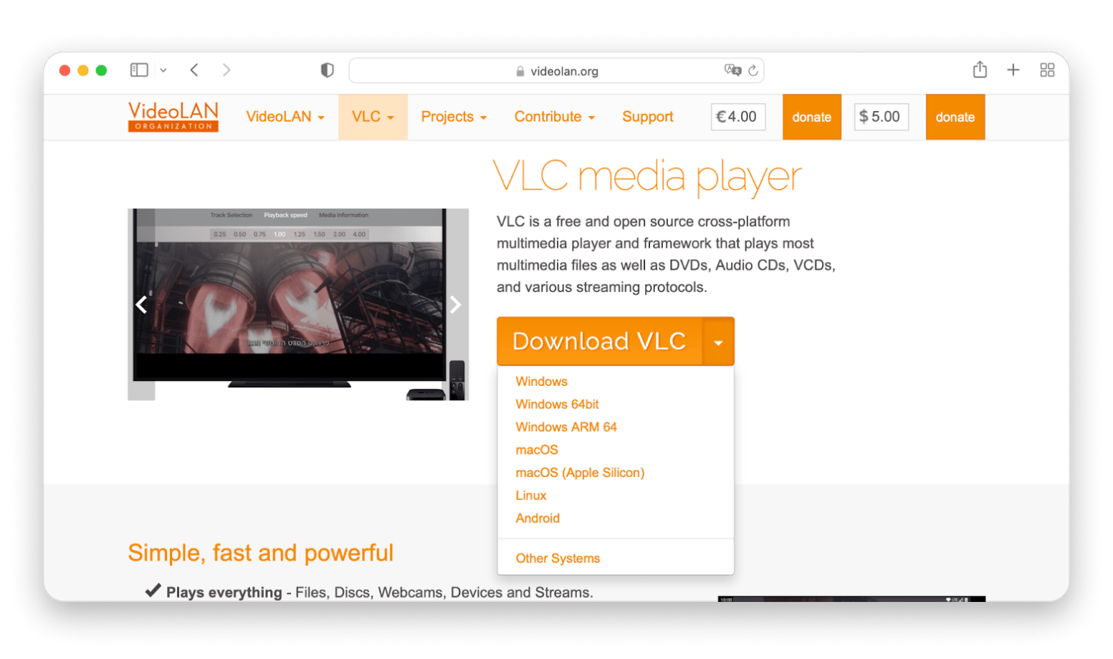 Webpage for VLC downloading
