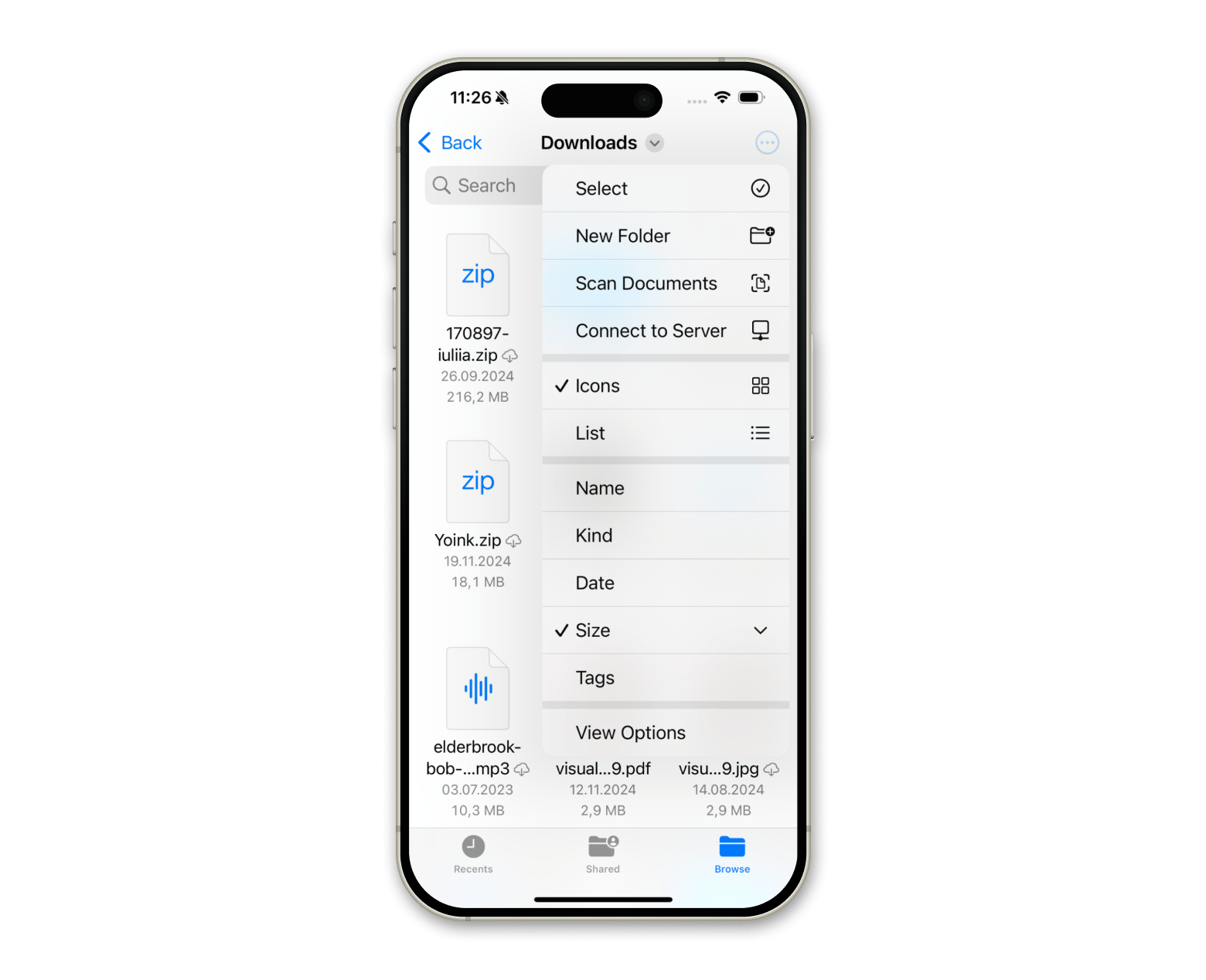 iPhone Files app filter by size