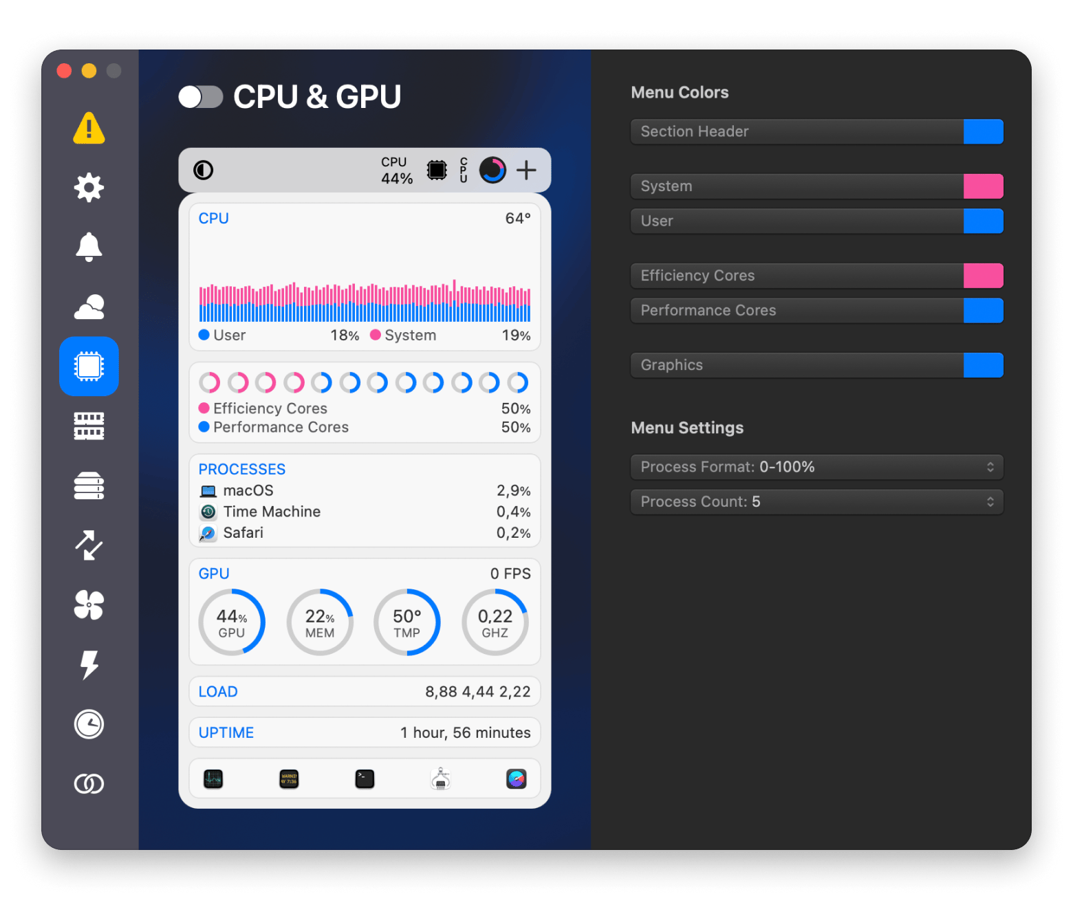 iStat Menus: CPU and GPU tabs