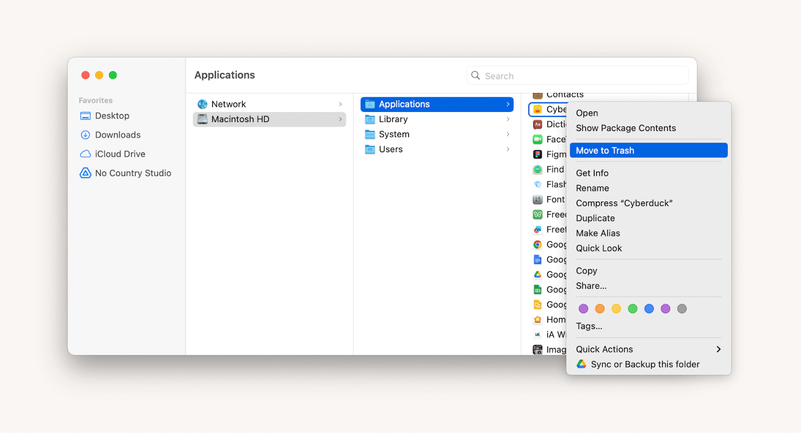 delete an application from Application folder by moving it into Trash