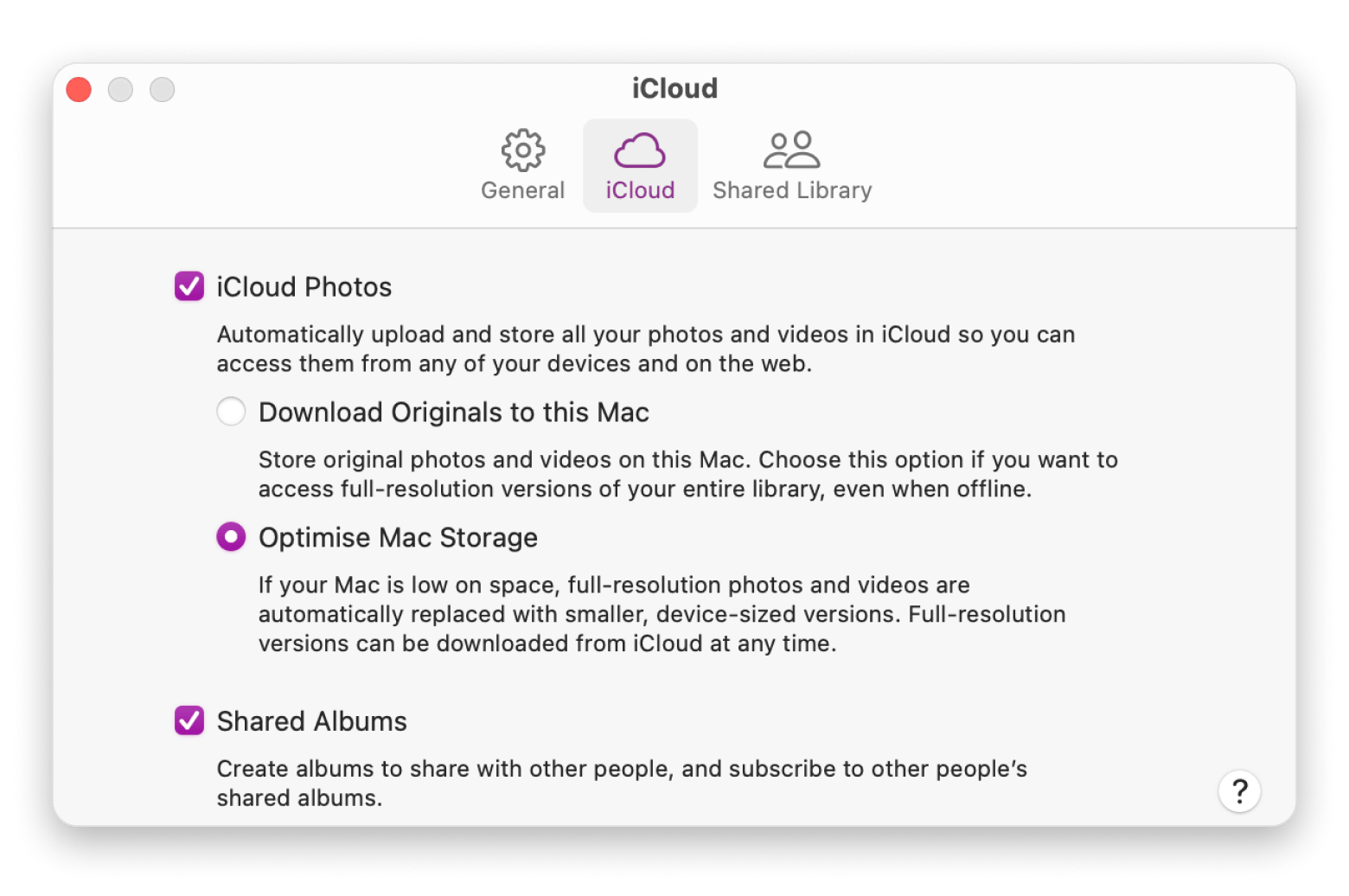 Photos app iCloud settings