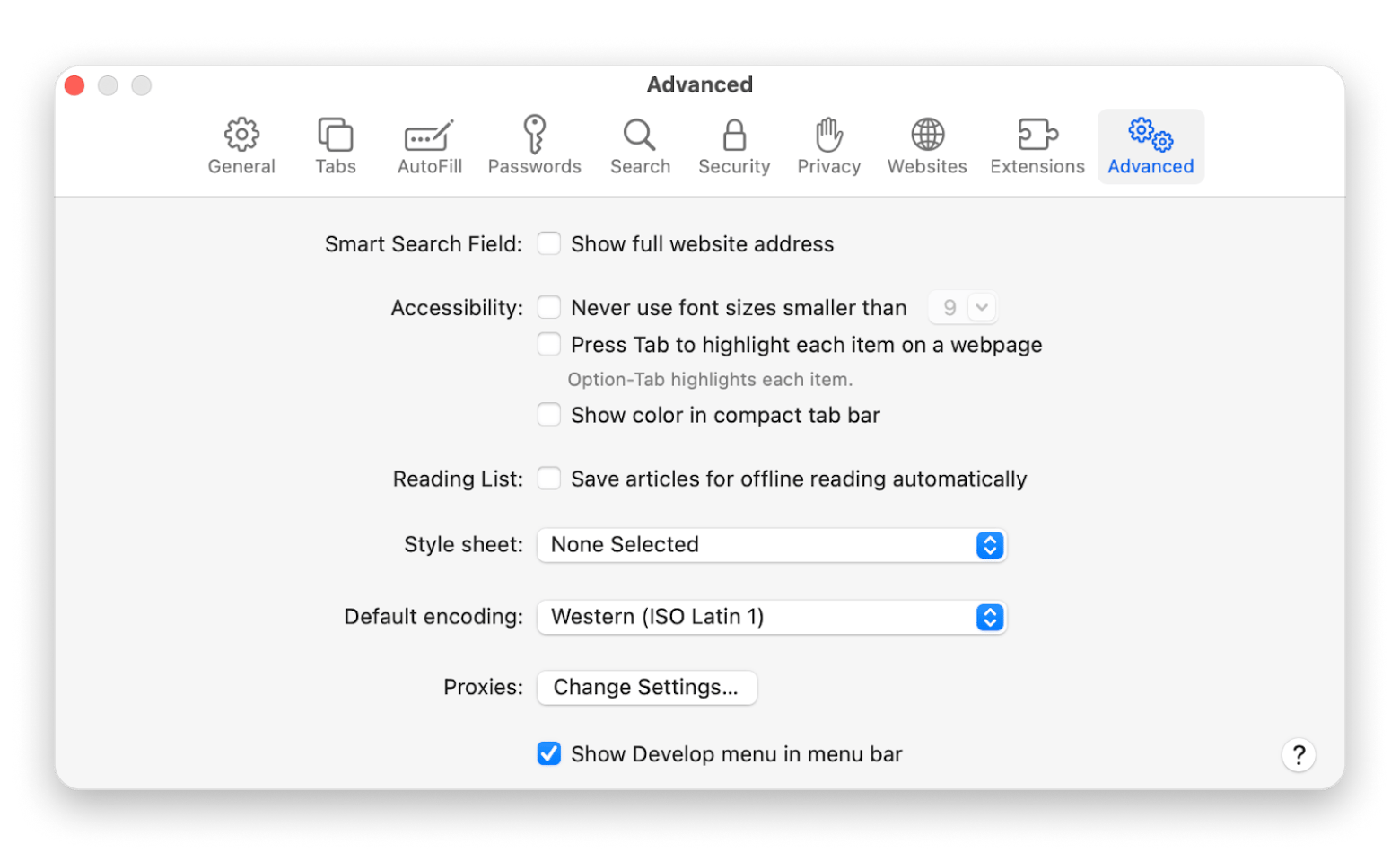 Safari advanced settings