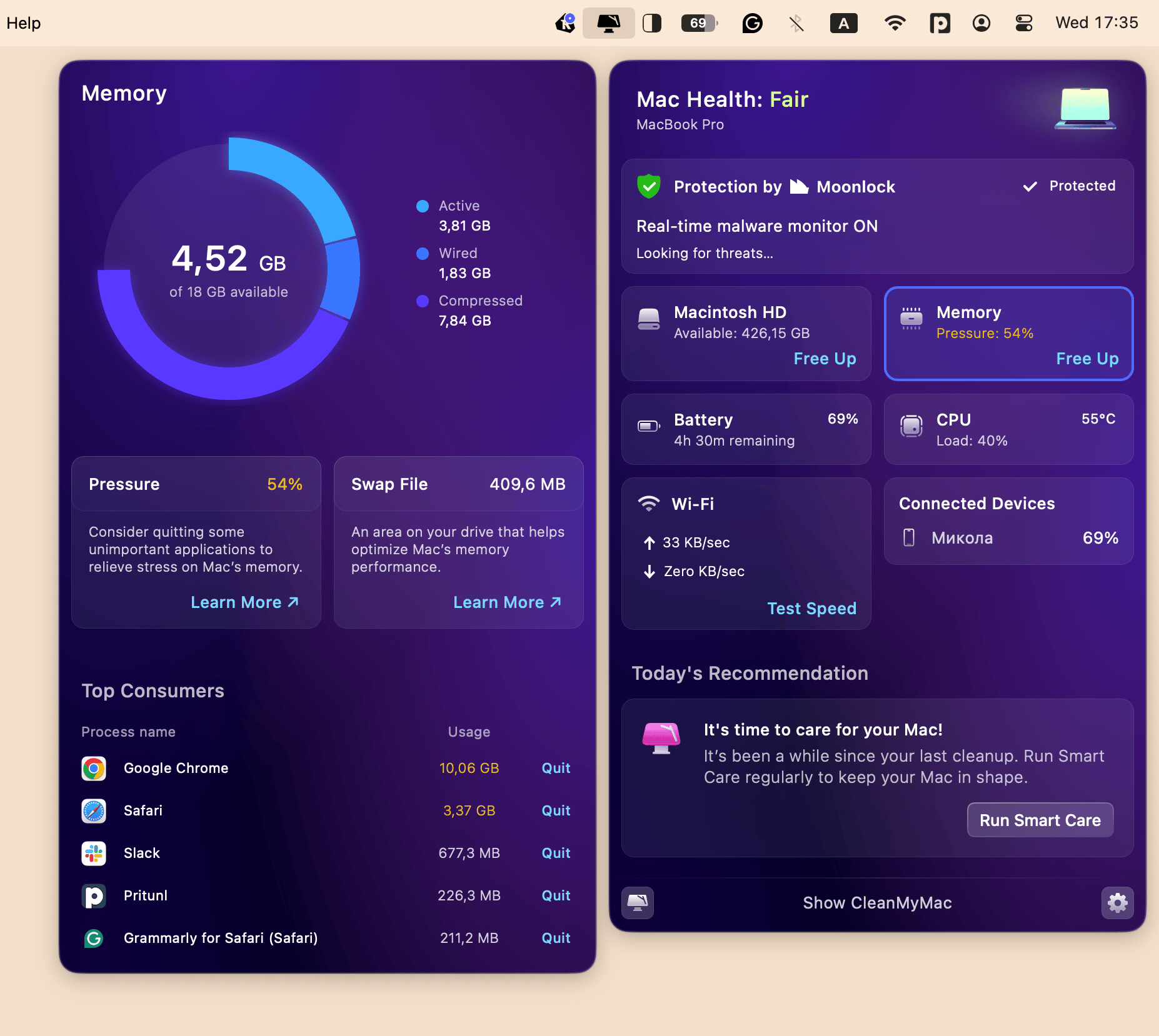 CleanMyMac menu bar new interface